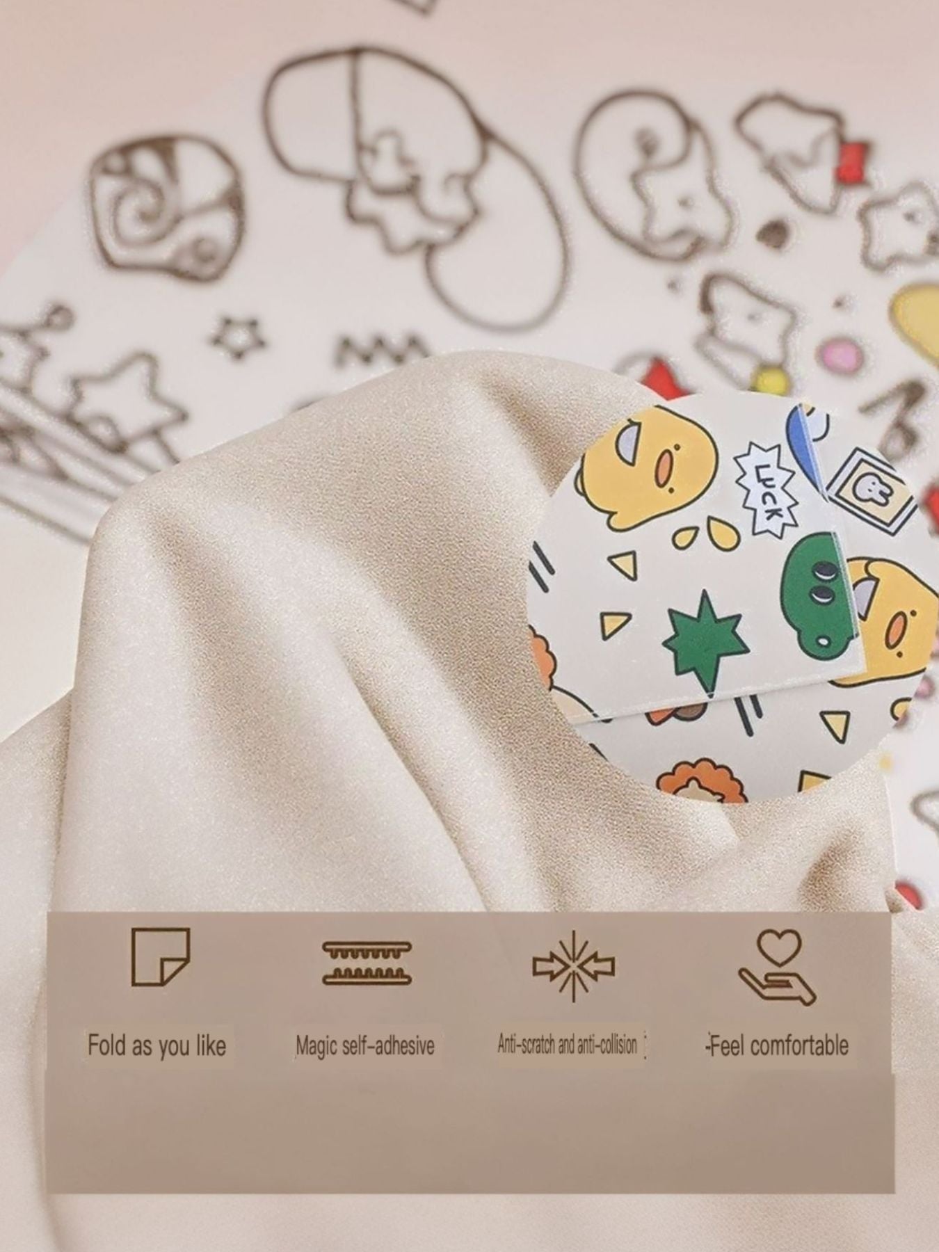 Close-up of hooded pet bath towel fabric with cartoon patch print and fold icons