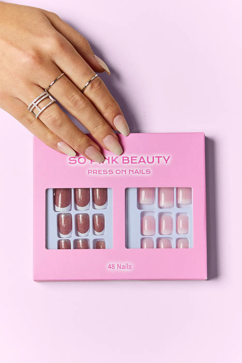 Press-on nails box with metallic brown and nude designs, 48 nails