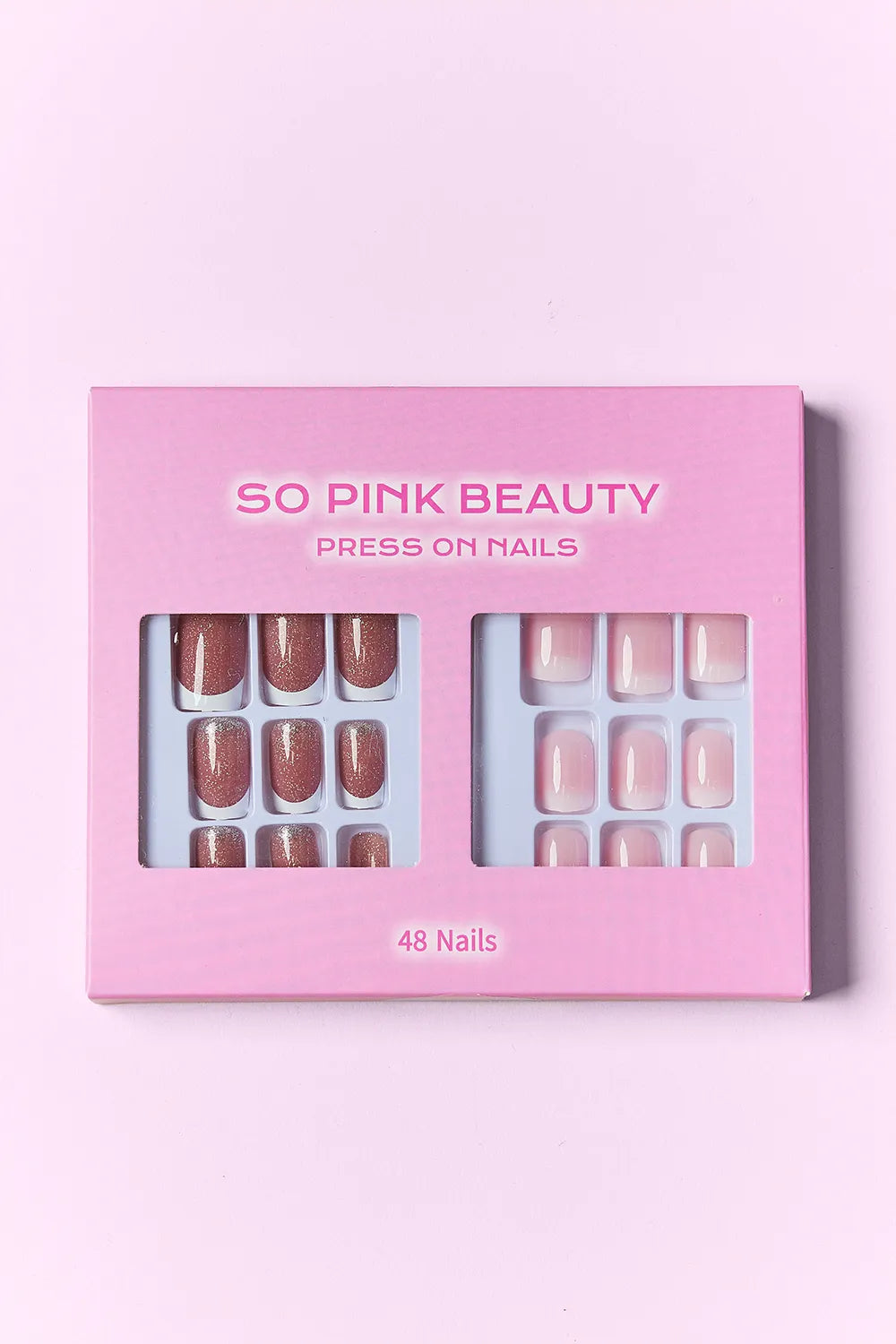 Press-on nails box with metallic brown glitter and soft nude tips, 48 nails