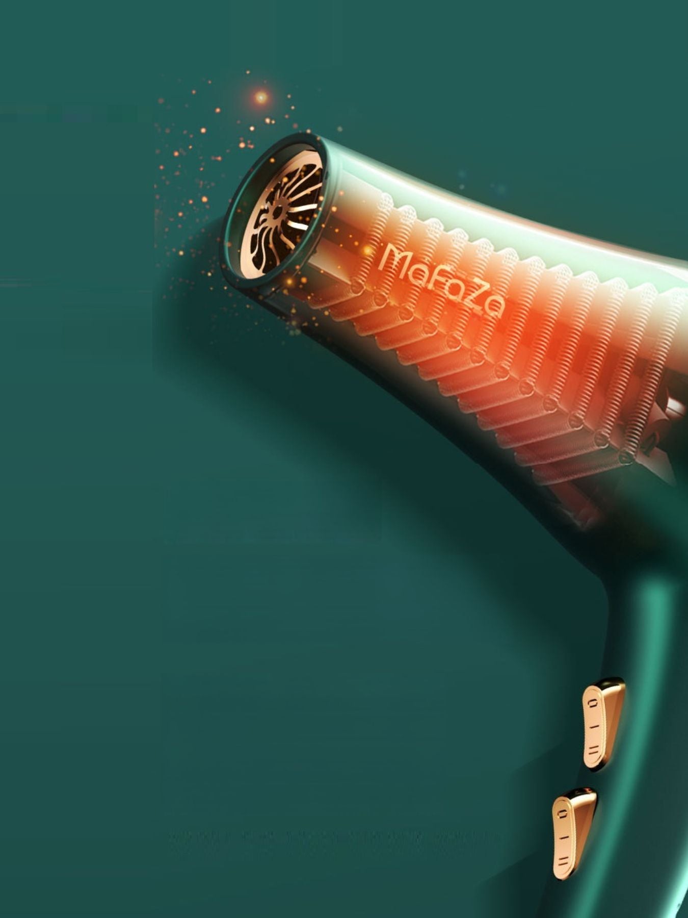 Adjustable temperature hair dryer, grüner Luftauslass mit sichtbaren Heizspiralen im Inneren