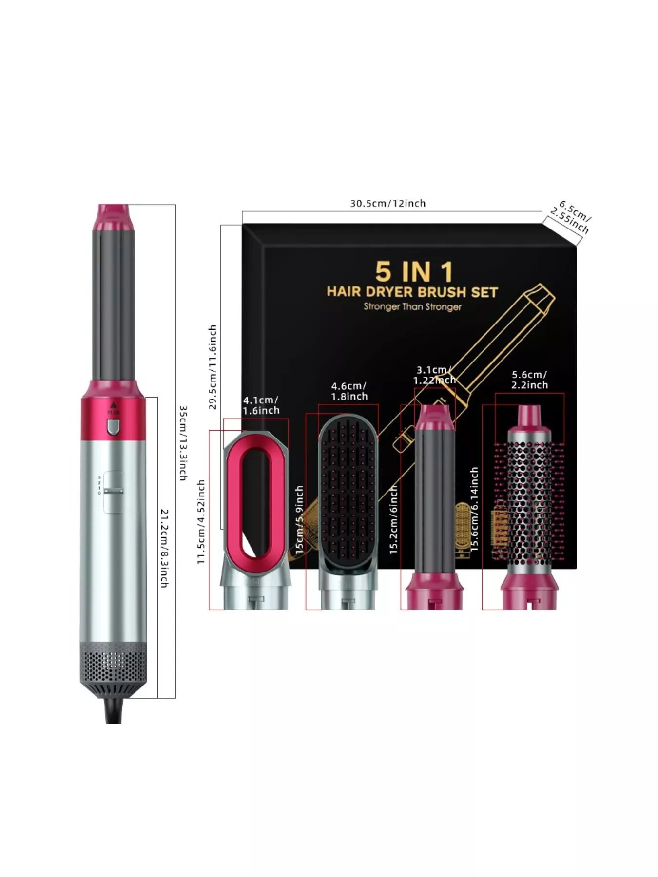 5-in-1 hot air brush set size diagram with pink attachments and white handle