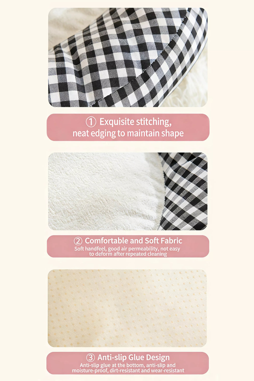 Plaid pet mat corner stitching and soft anti-slip bottom detail