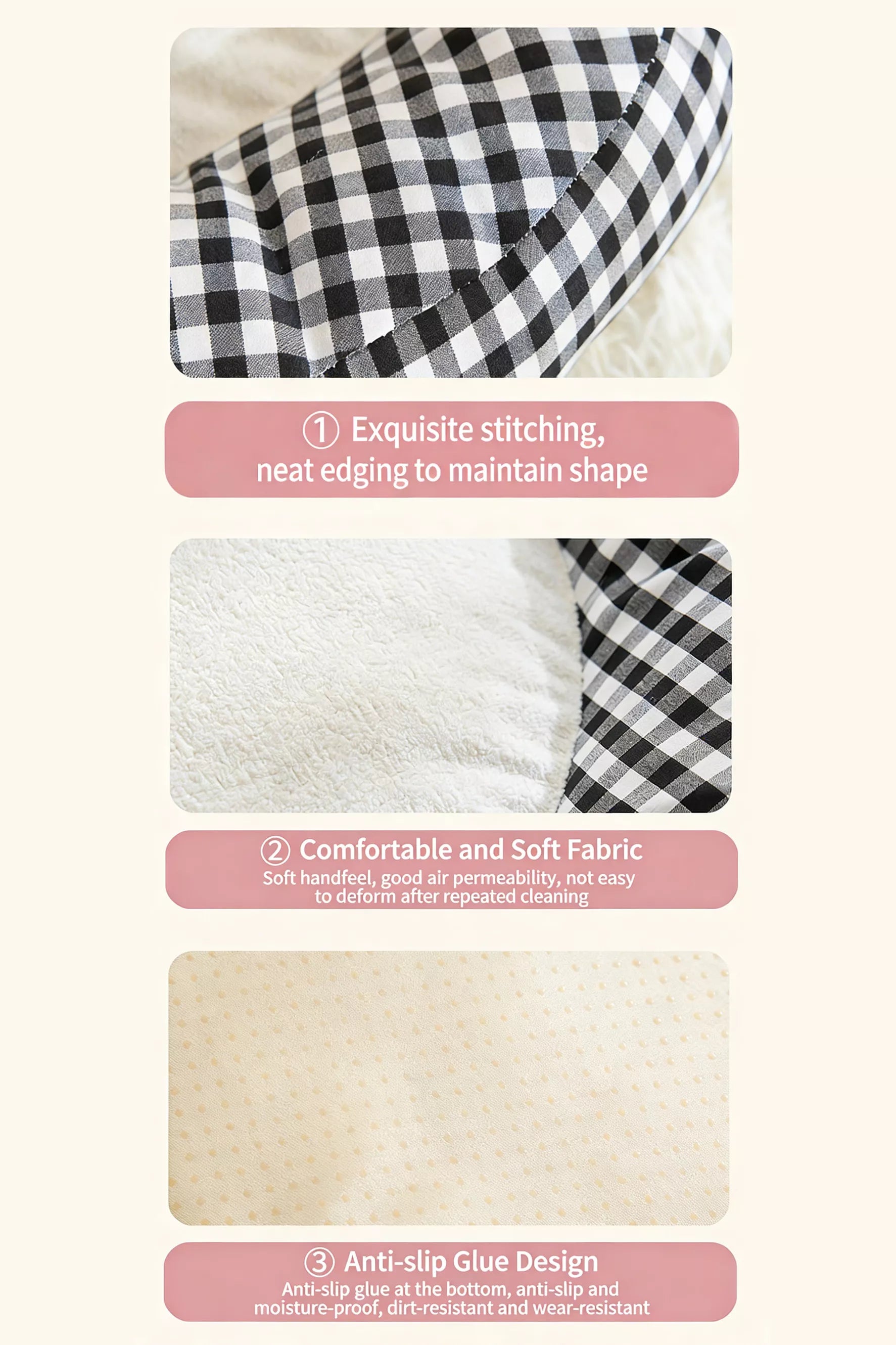 Plaid pet mat corner stitching and soft anti-slip bottom detail