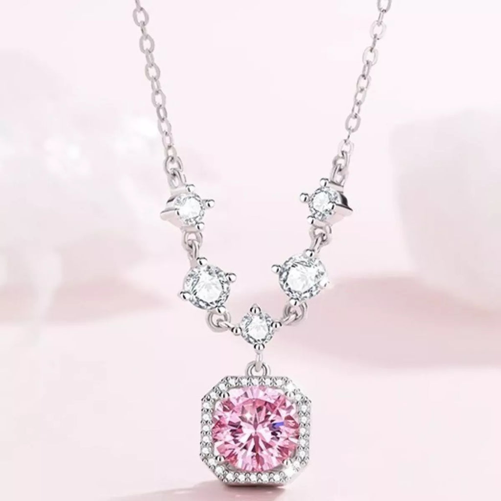 925 sterling silver zircon necklace with blush pink center pendant and multiple clear stones