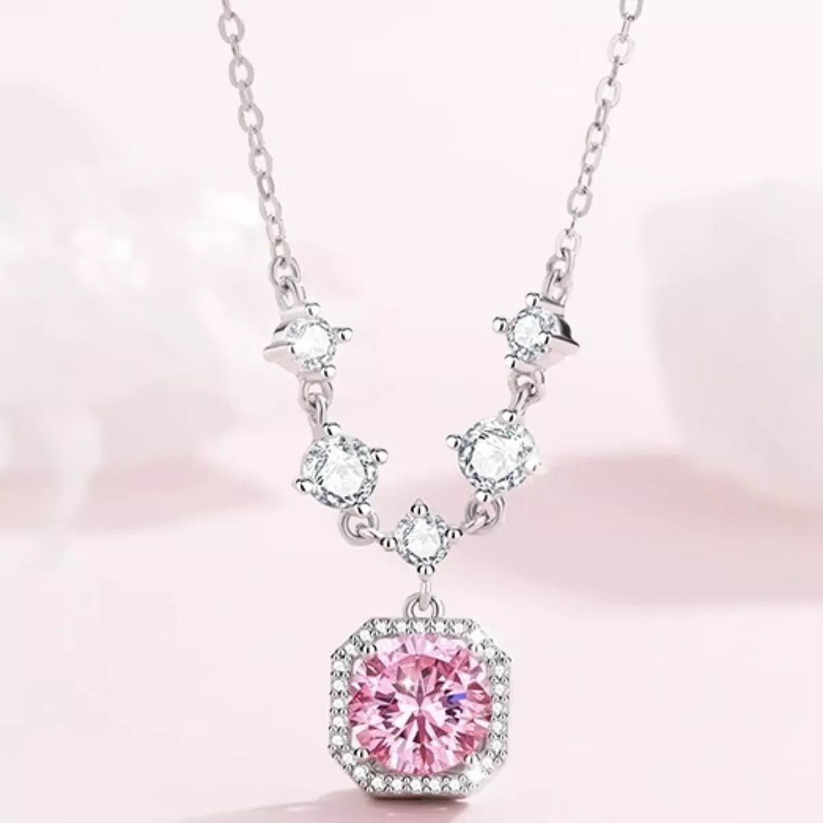 925 sterling silver zircon necklace with blush pink center pendant and multiple clear stones