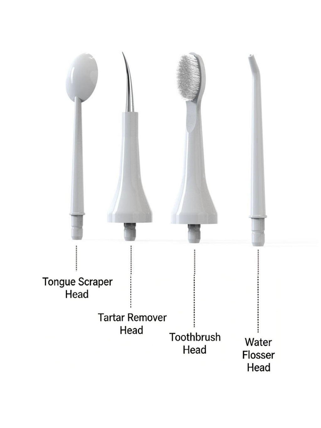 Four white flosser heads: tongue scraper, tartar remover, toothbrush, water jet