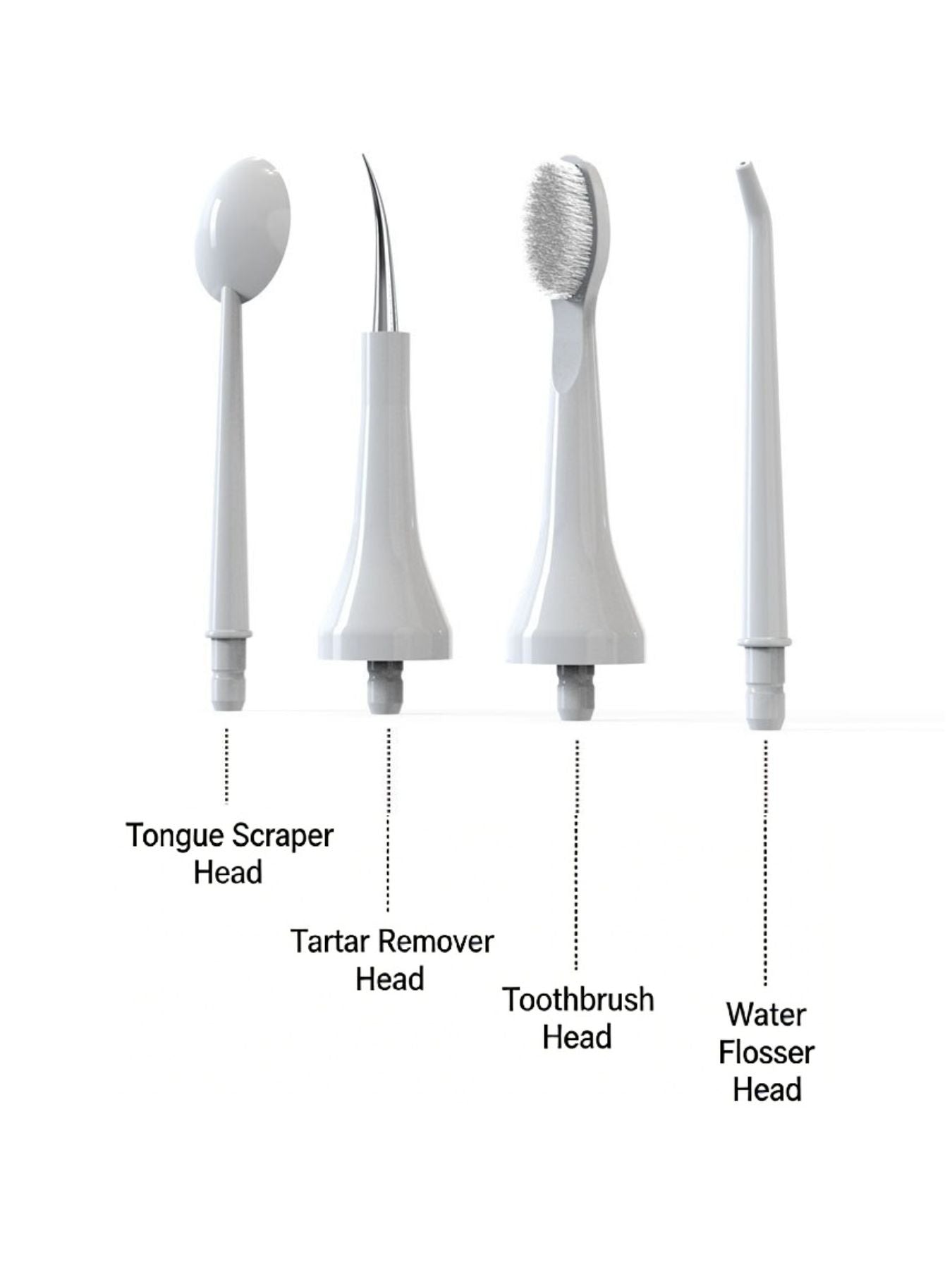 Four white flosser heads: tongue scraper, tartar remover, toothbrush, water jet