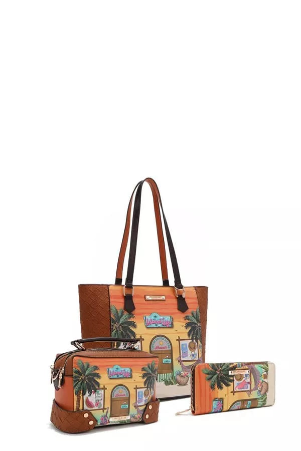 Nicole Lee USA Sun and Sand set: tote, small crossbody, and zip wallet-style pouch