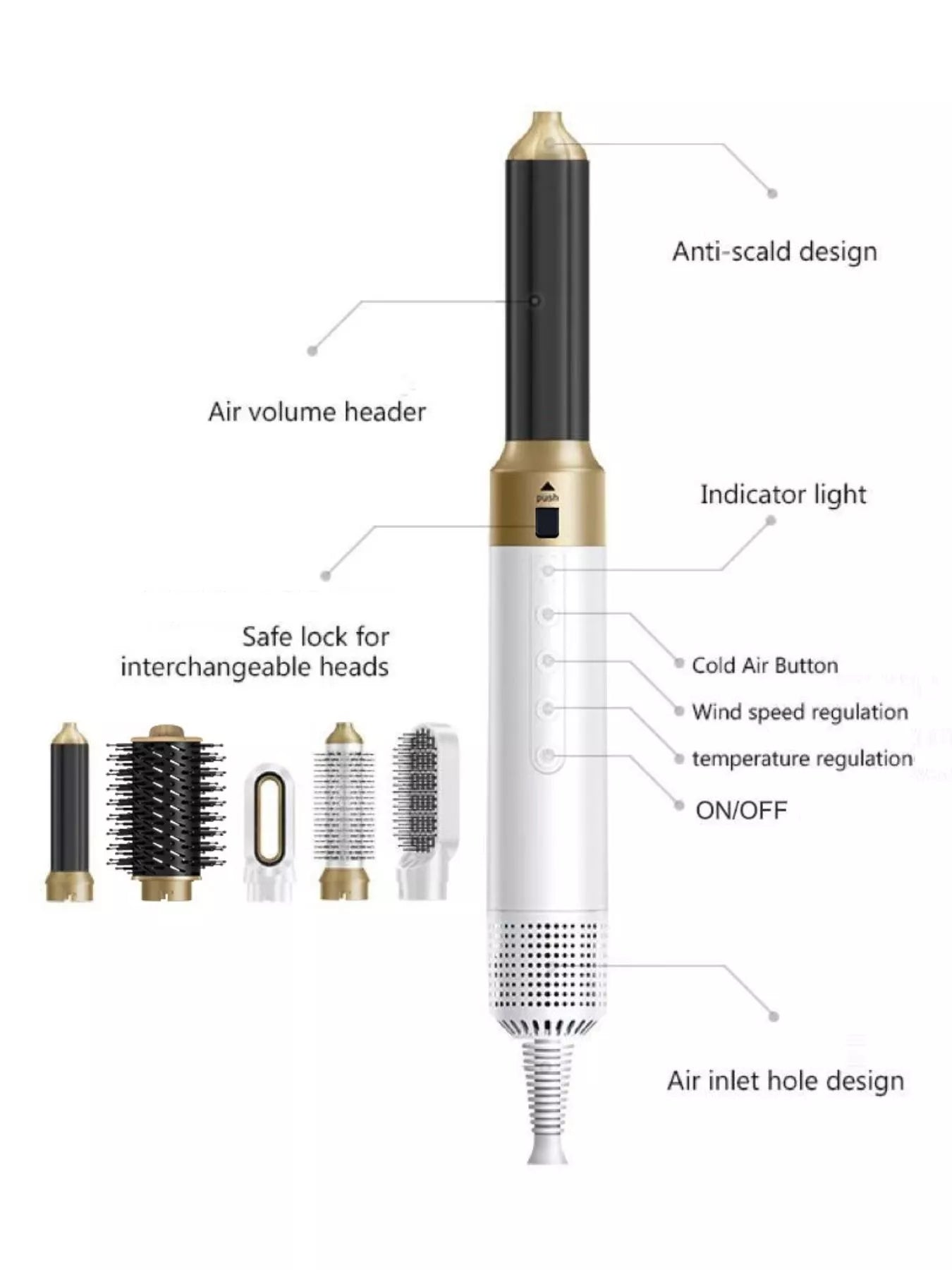White 5-in-1 hot air brush with control buttons, gold barrel caps, and interchangeable heads