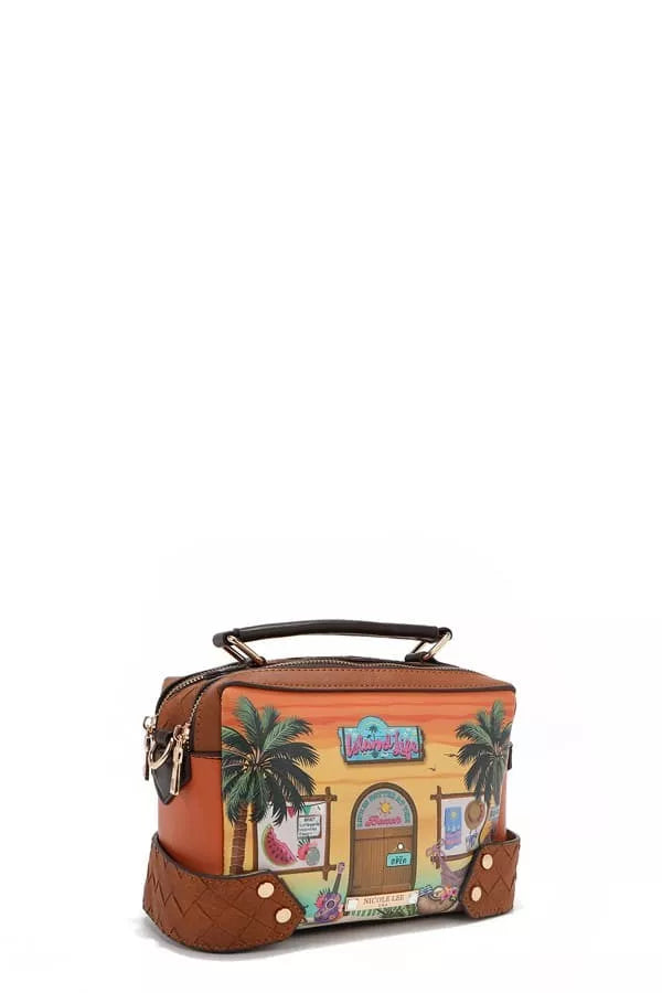 Sun and Sand mini satchel with front zipper, top handle, and crossbody strap
