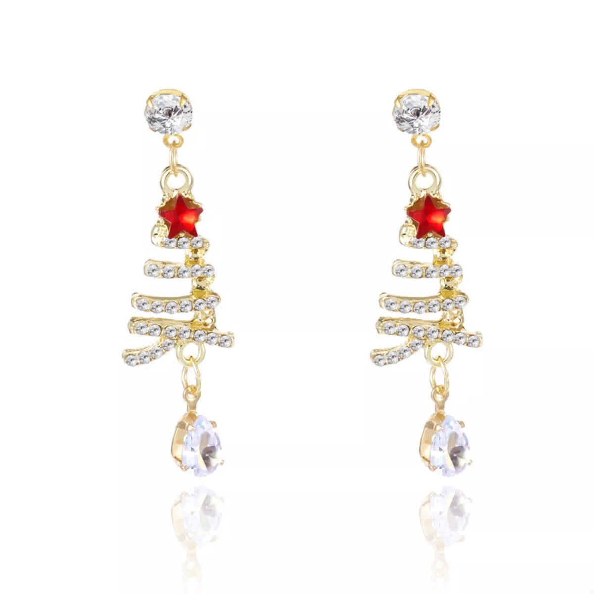 Christmas tree earrings with red star top, rhinestone rows, and clear teardrop dangle