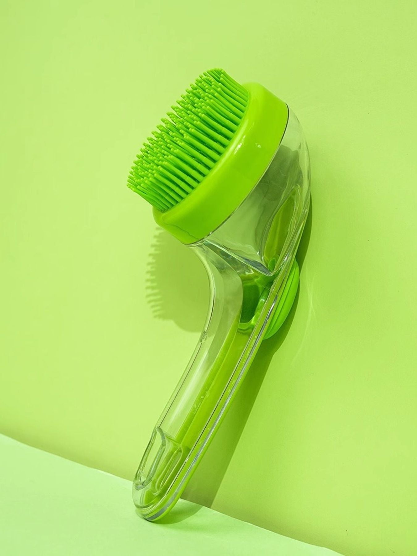 Soft Pet Shower Brush, lime green bristle head and clear handle