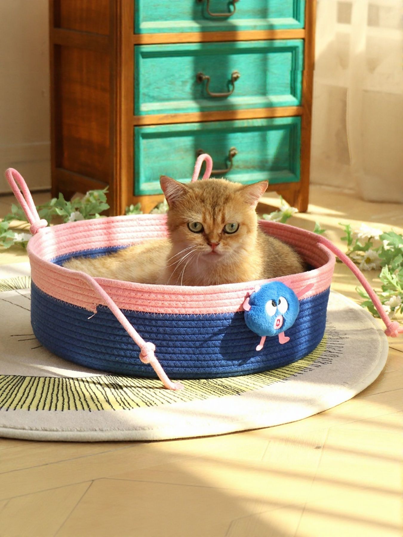 Two-tone woven pet nest with blue and pink sides, cat resting in the bowl