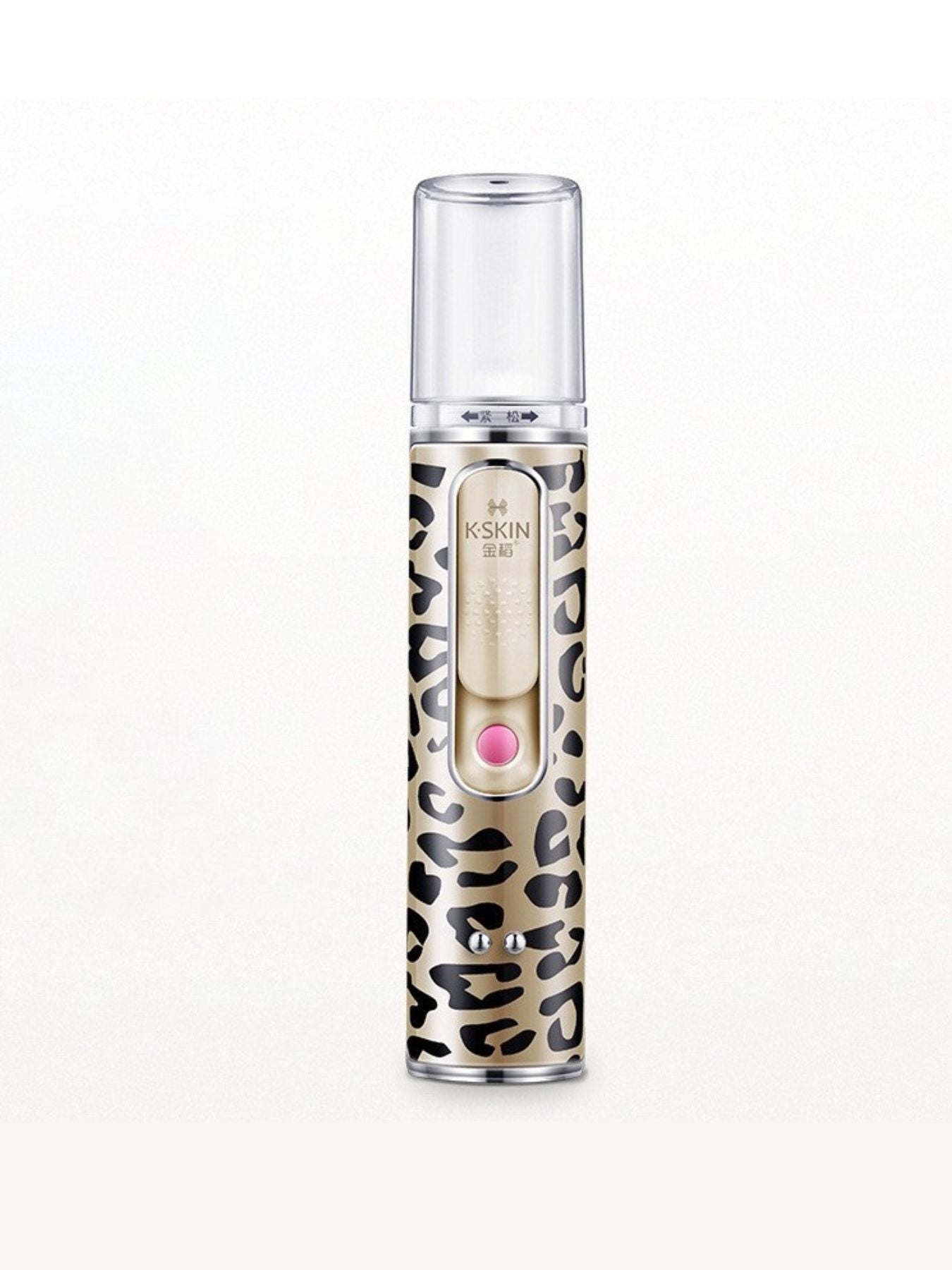 Portable facial mister nano sprayer in leopard print with pink nozzle button