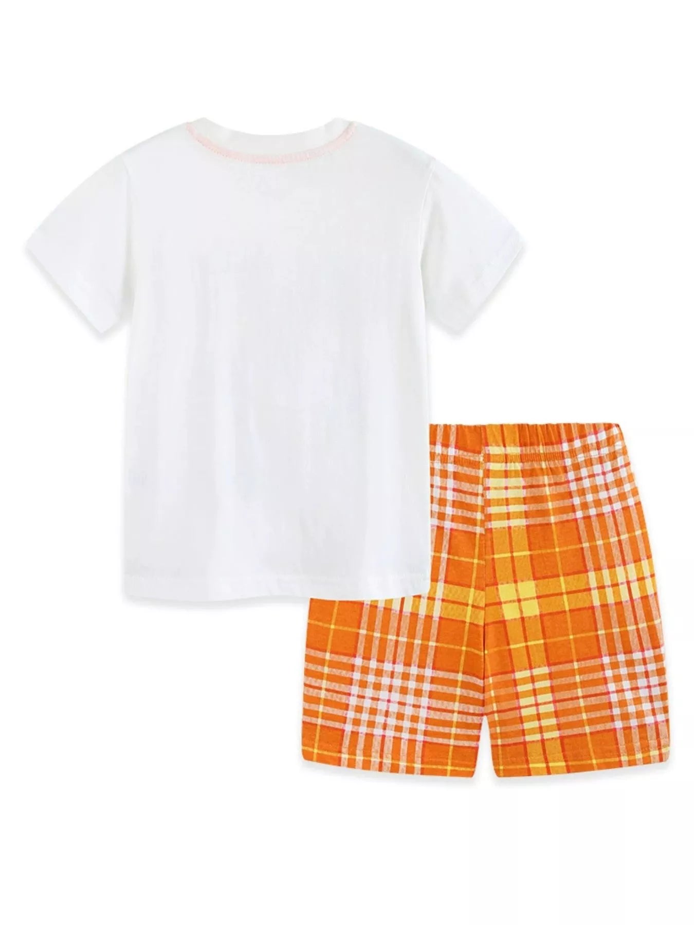 Plain white back tee with orange tangerine plaid shorts