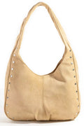 Faux suede hobo bag, tan with studded trim and curved shoulder strap