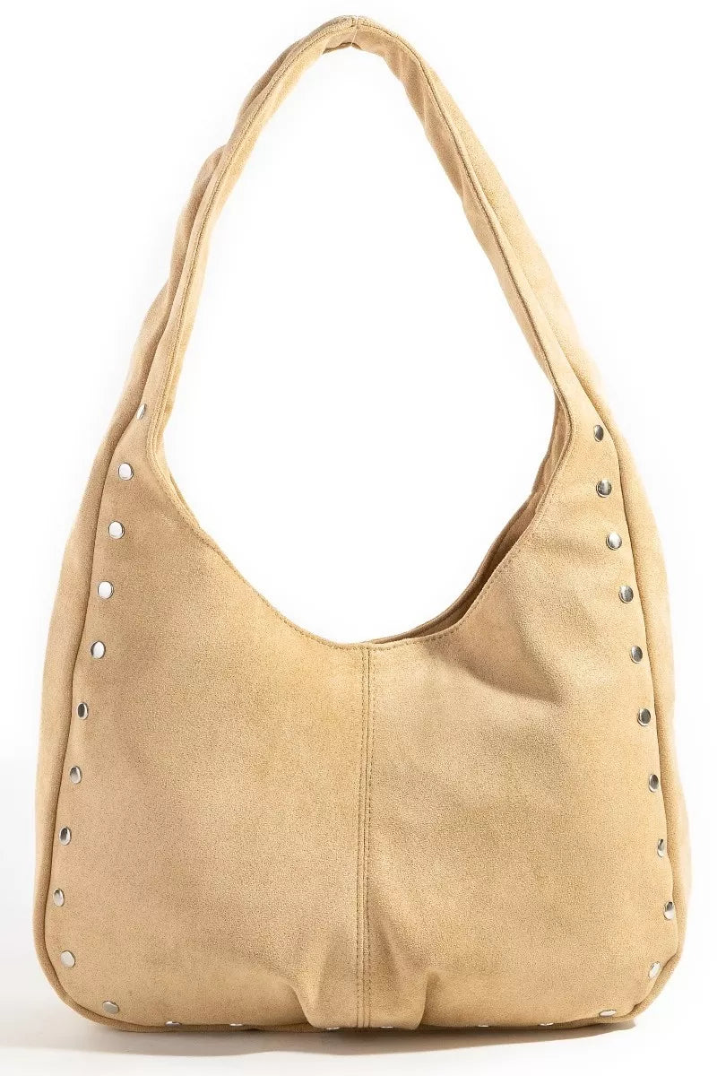 Faux suede hobo bag, tan with studded trim and curved shoulder strap