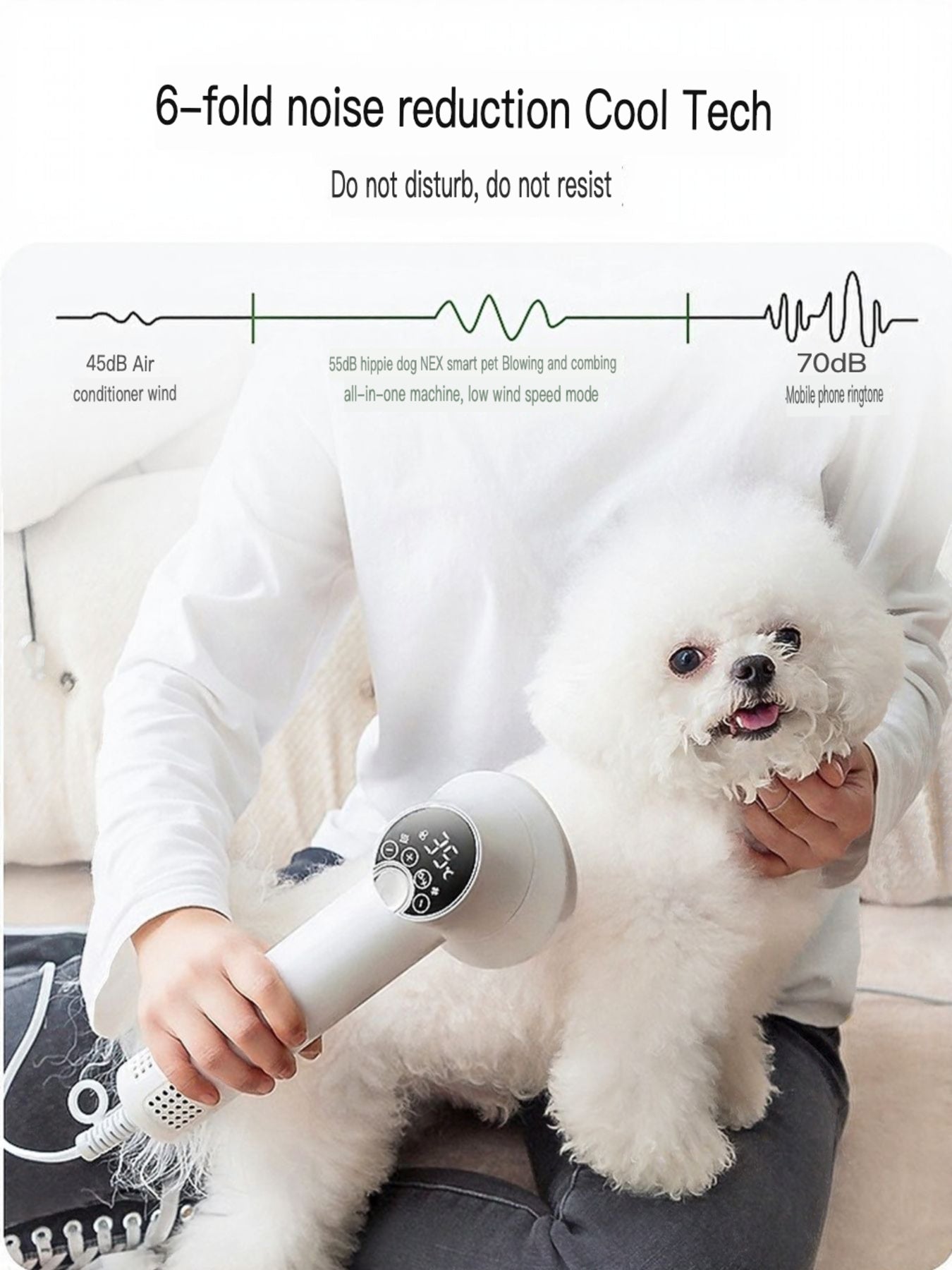 Low Noise Pet Hair Dryer & Comb, white handheld dryer with settings dial