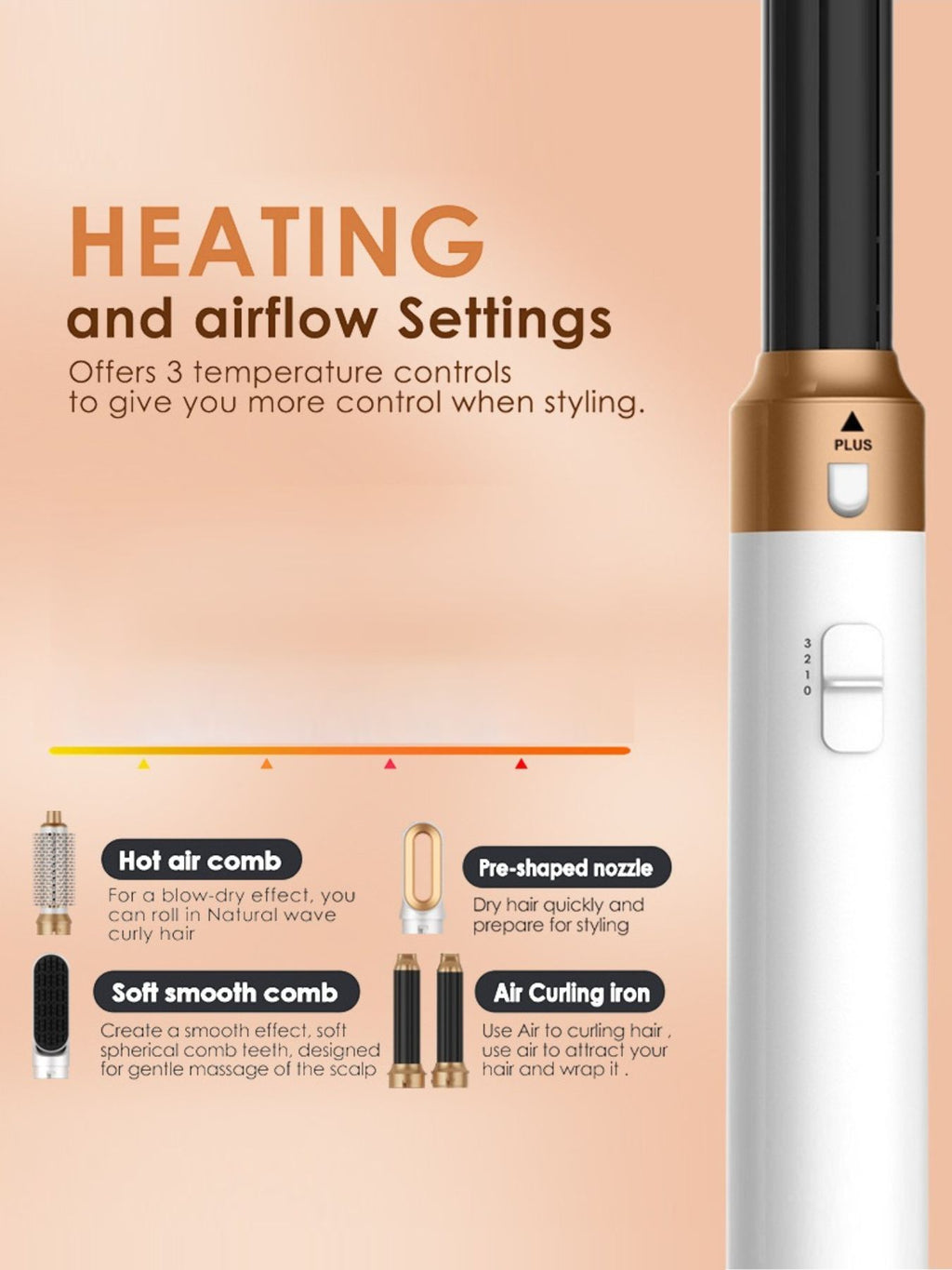 5‑in‑1 Hot Air Brush with heat and airflow settings slider on handle