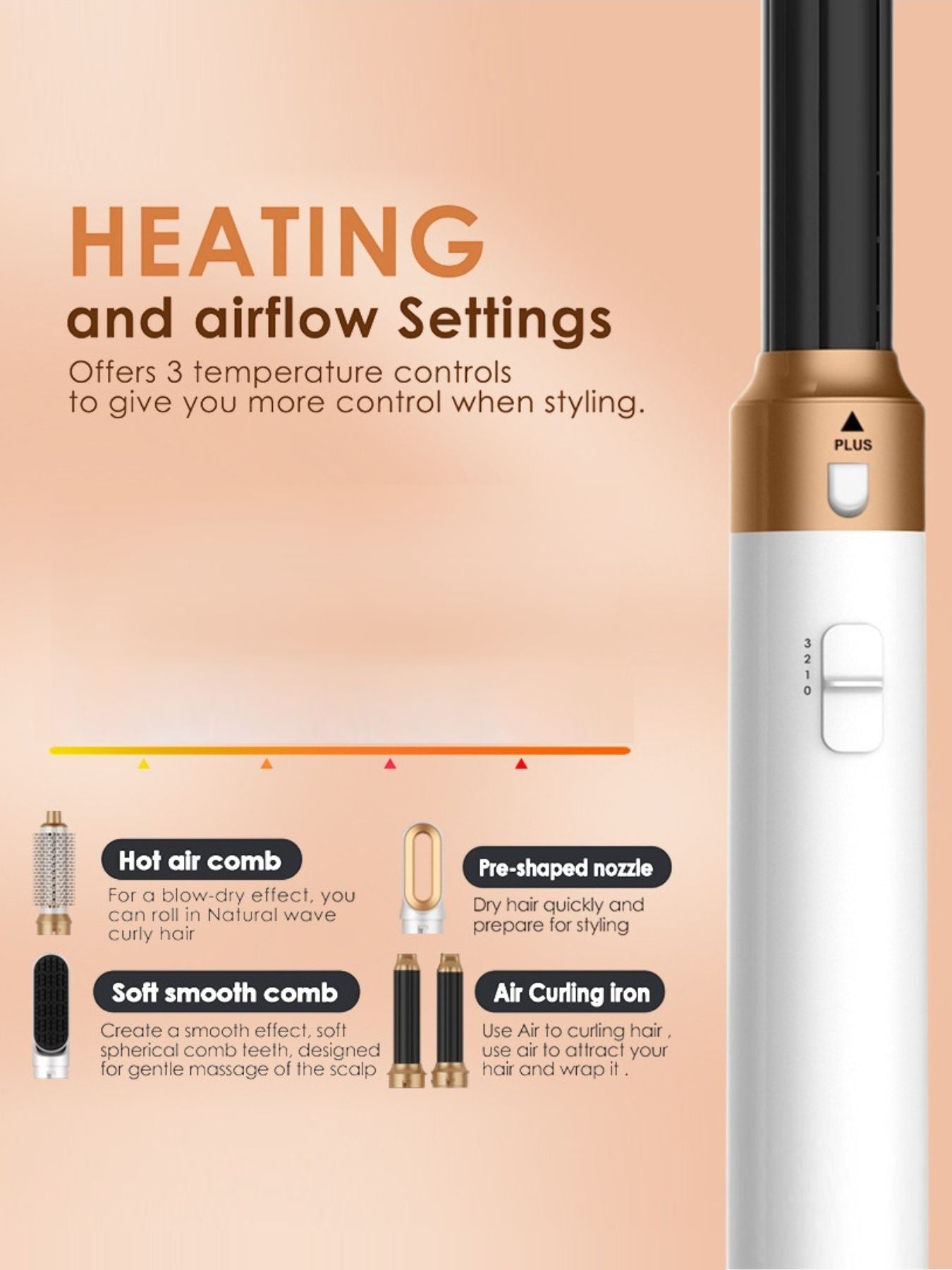 5‑in‑1 Hot Air Brush with heat and airflow settings slider on handle