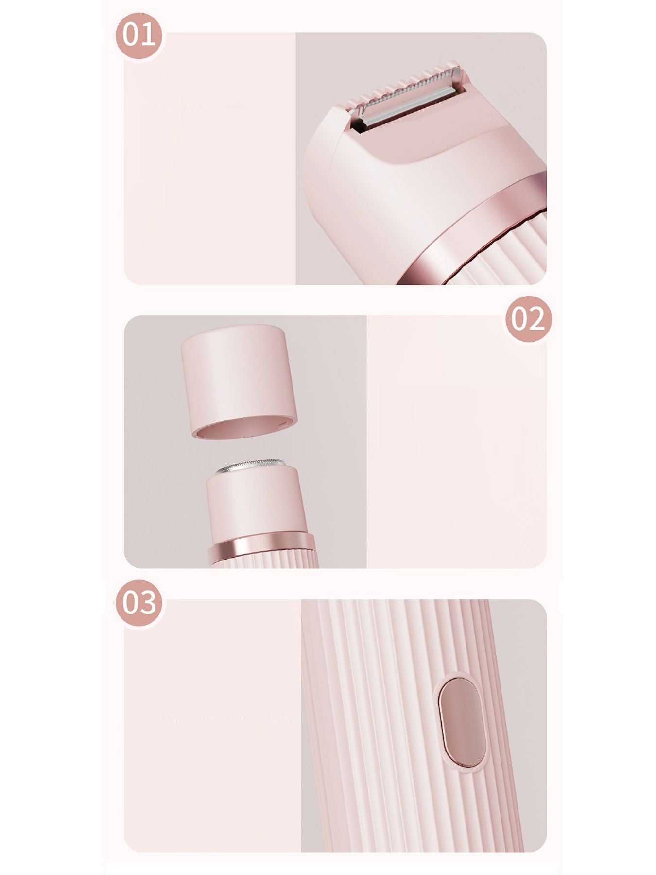 Diagram-style views of blush pink epilator: head, base, and oval control button