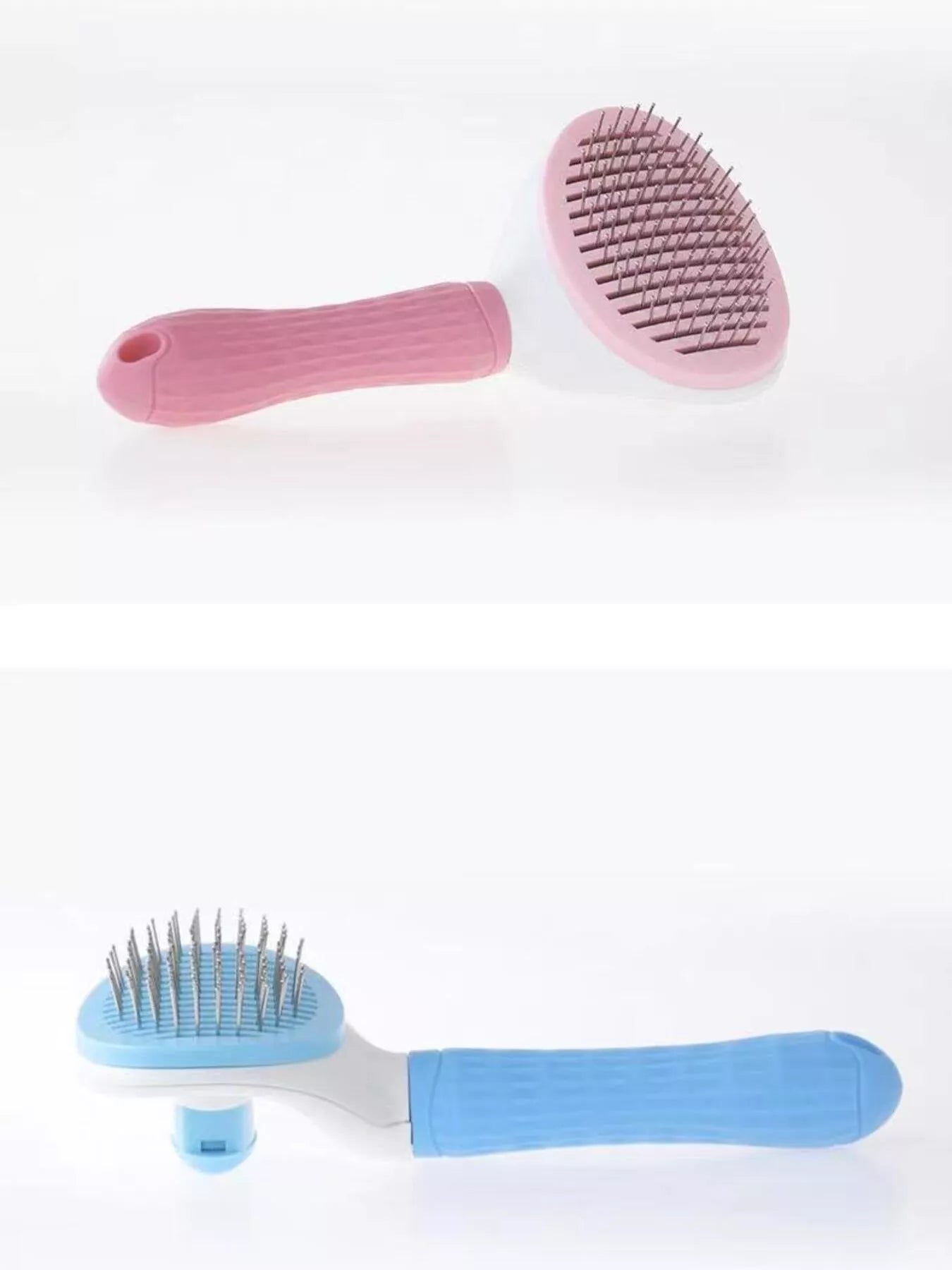 Pink plastic pet hair remover brush comb with metal bristles and textured handle