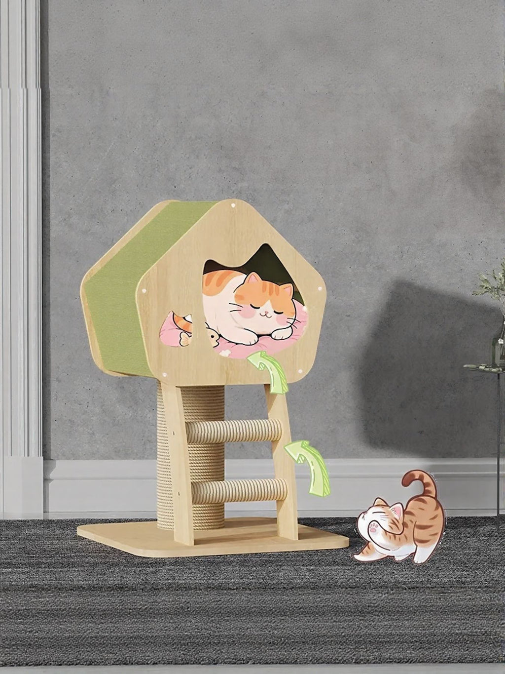 Green wooden cat condo with enclosed opening on sisal scratching posts; cat shown nearby