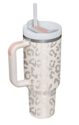 40 oz insulated tumbler with handle, straw & lid in leopard print