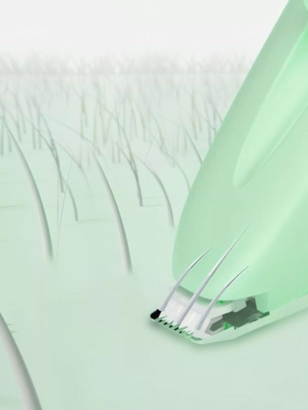 Green pet hair clipper near pet fur for trimming, close-up