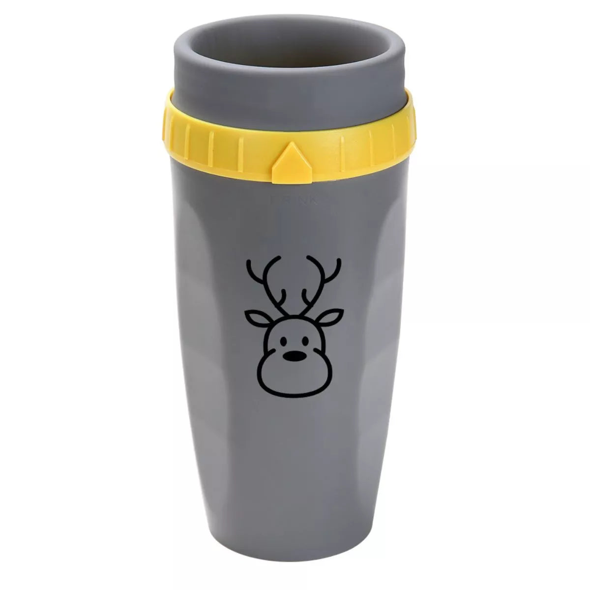 Gray tumbler kettle with reindeer face and yellow flip-top straw lid