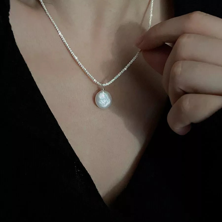 Silver chain necklace with round light pearl pendant, 925 sterling silver