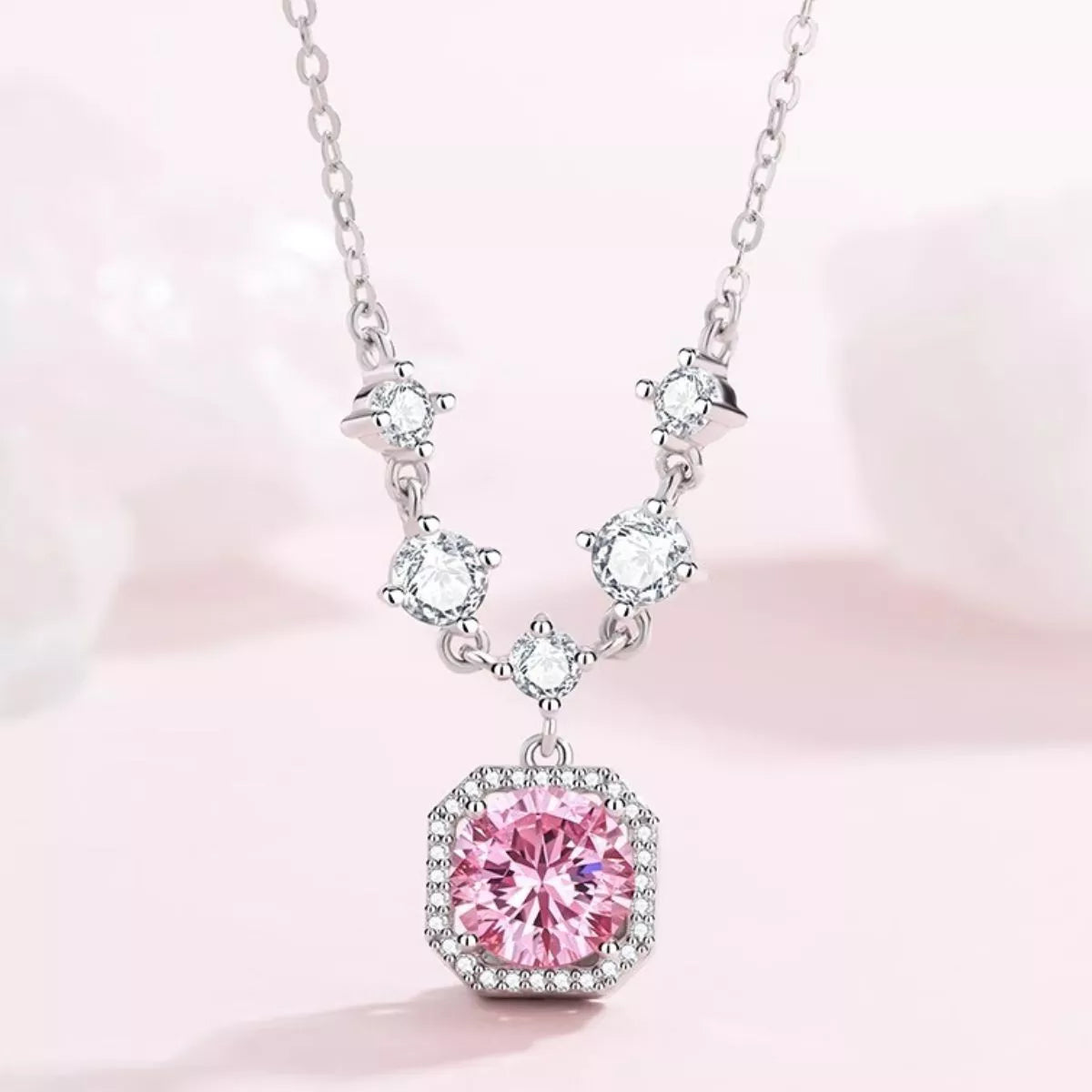 925 sterling silver necklace with blush pink zircon center pendant, halo bezel setting