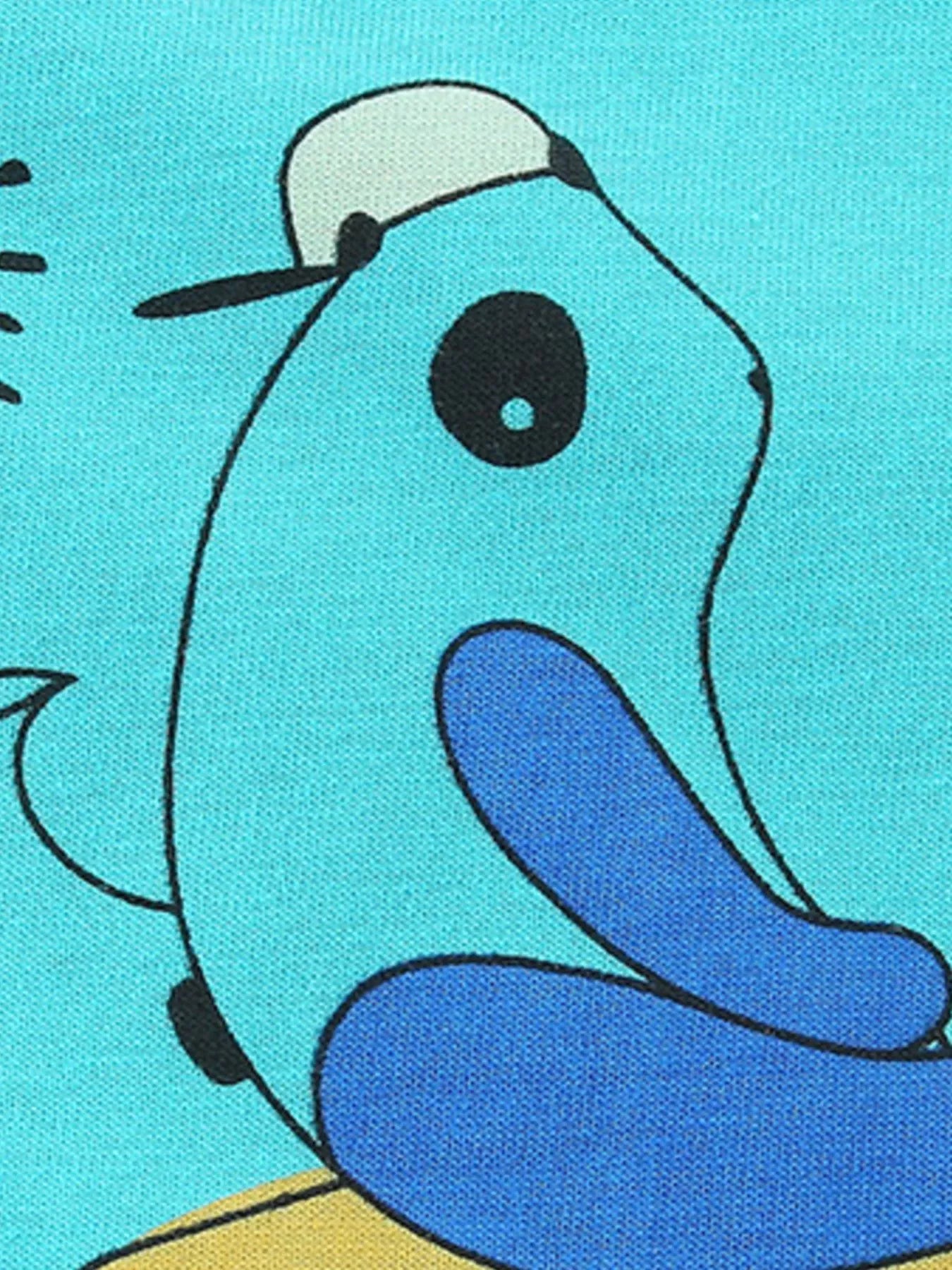 Close-up of blue animal illustration on aqua T-shirt