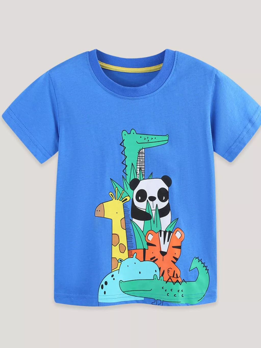 Blue children's crew neck T-shirt, front view with animal scene graphic