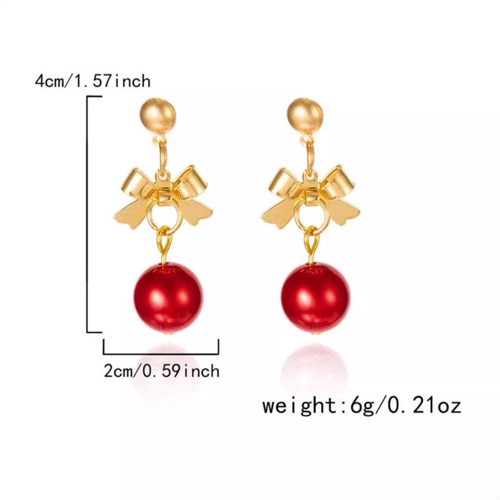 Tropfohrringe Maße: 4 cm Länge; goldene Schleife mit roter Kugel