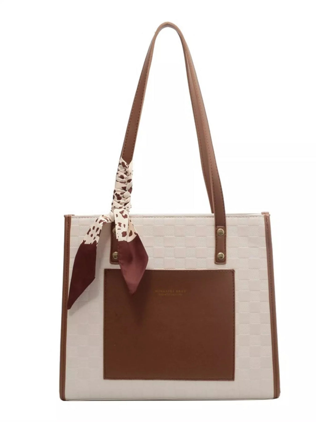 White color block shoulder bag with brown front panel, scarf bow, two handles