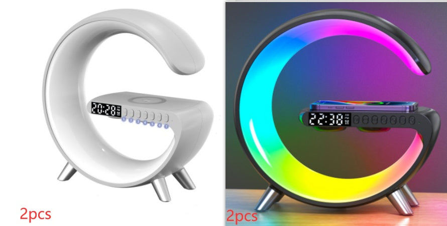G-shaped LED lamp with Bluetooth speaker and digital clock, white base, 2-pack