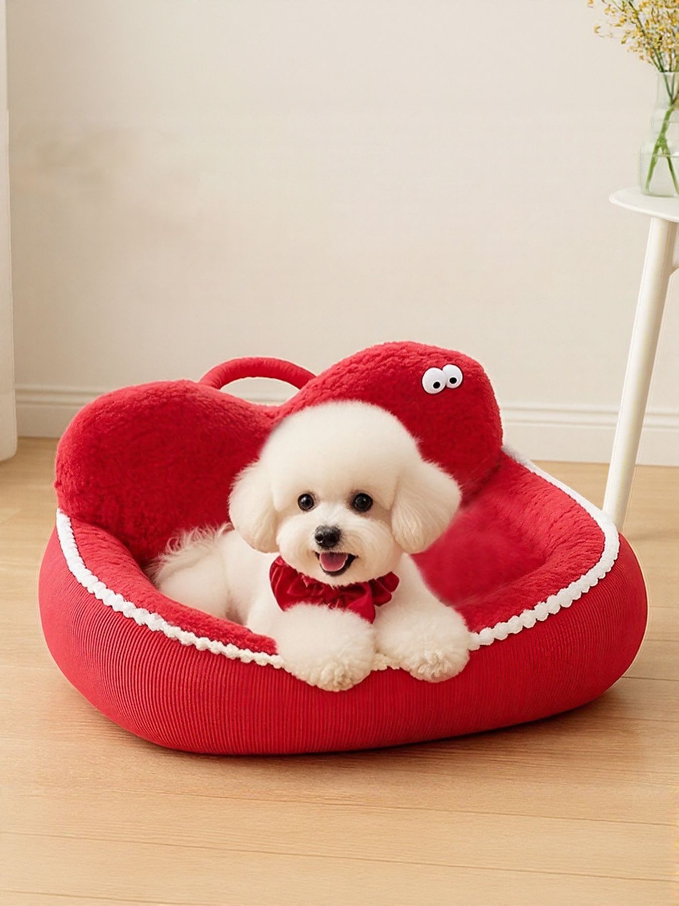 Cartoon cozy pet nest in apple red with plush lining and side handle