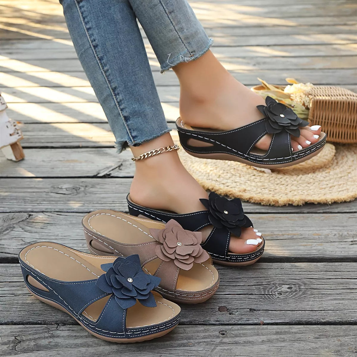 Flower open-toe wedge sandals, black with fabric flower embellishments