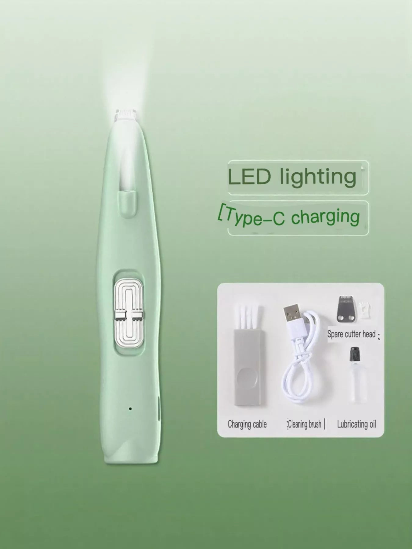 Green rechargeable pet hair clipper with Type-C charging and LED lighting