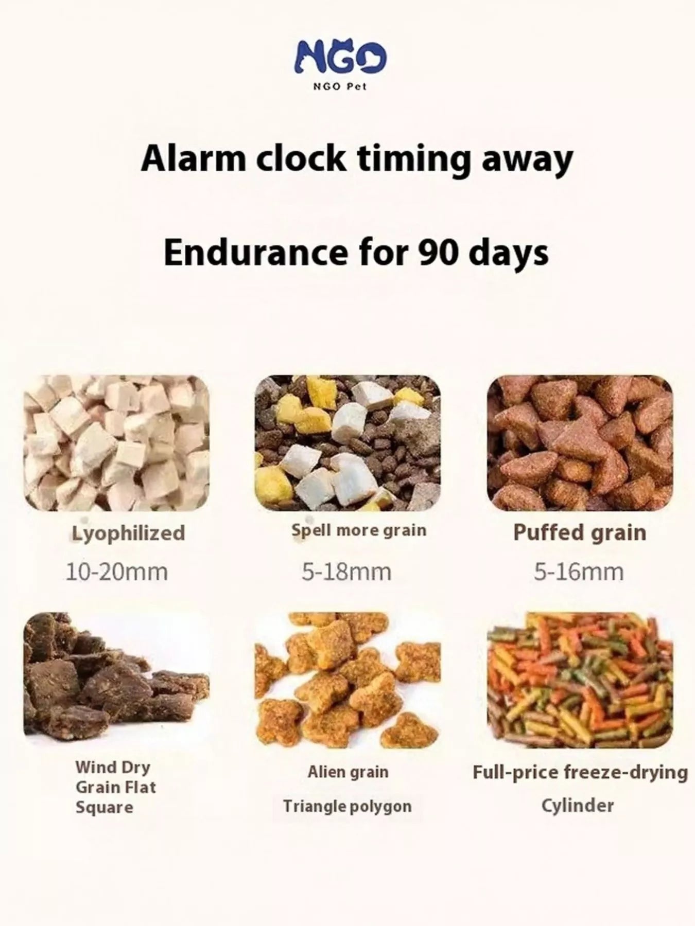 Automatic pet feeder food-storage feature chart with 90-day endurance and texture types