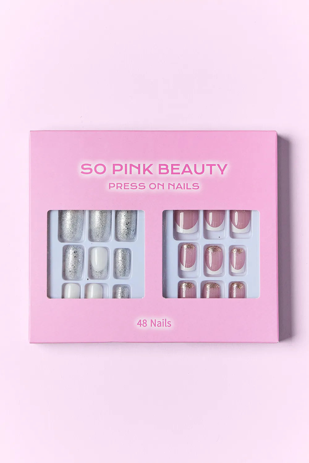 Press-on nails box with silver glitter and red accent tips, 48 nails