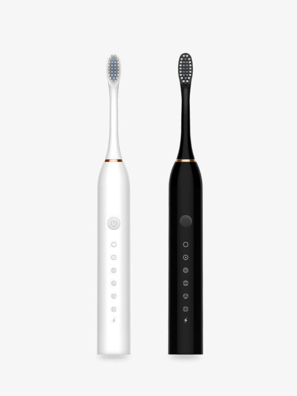White and black electric toothbrush handles with mode buttons