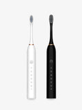 White and black electric toothbrush handles with mode buttons