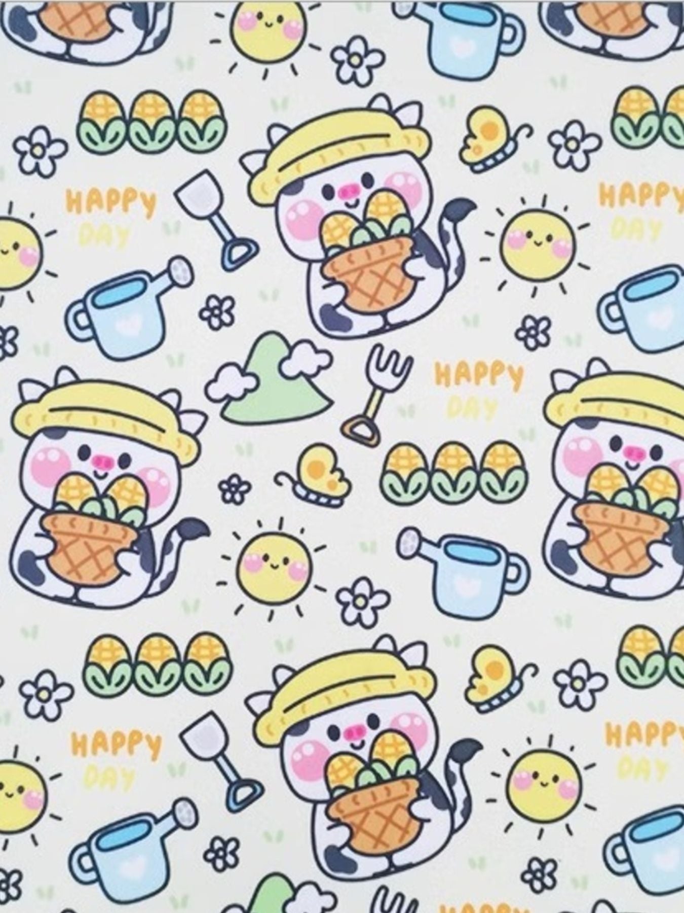 Cartoon pet bath towel fabric with teacups, eggs, and “Happy Day” text pattern