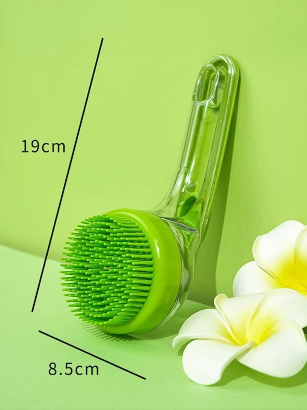 Soft Pet Shower Brush lime green, shown with size markers 19 cm and 8.5 cm