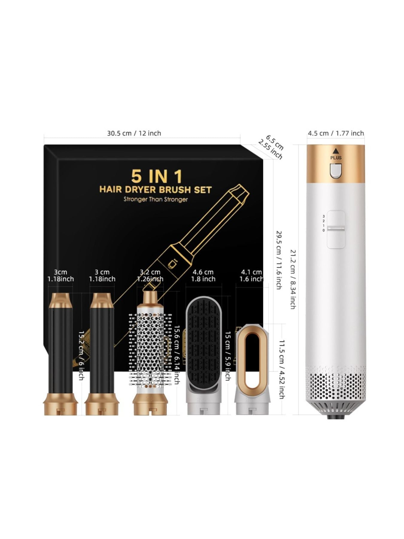 5‑in‑1 Hot Air Brush set, White Gold White, size diagram with attachment lengths