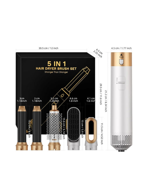 5‑in‑1 Hot Air Brush set, White Gold White, size diagram with attachment lengths