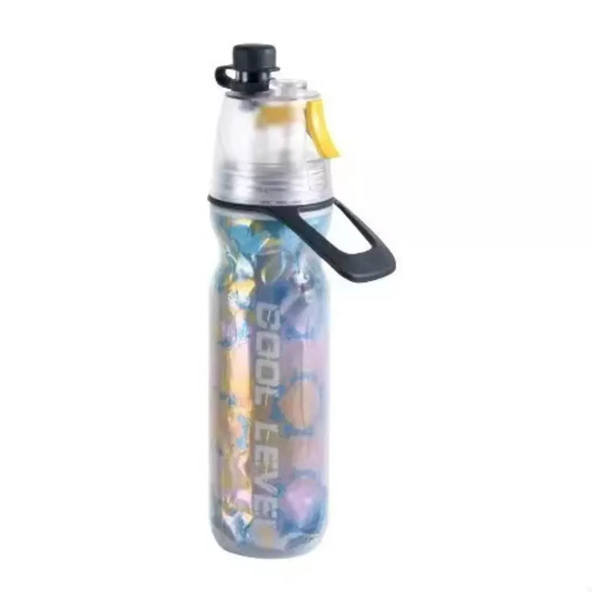 Yellow spray sports water bottle with black trigger handle and flip spout cap
