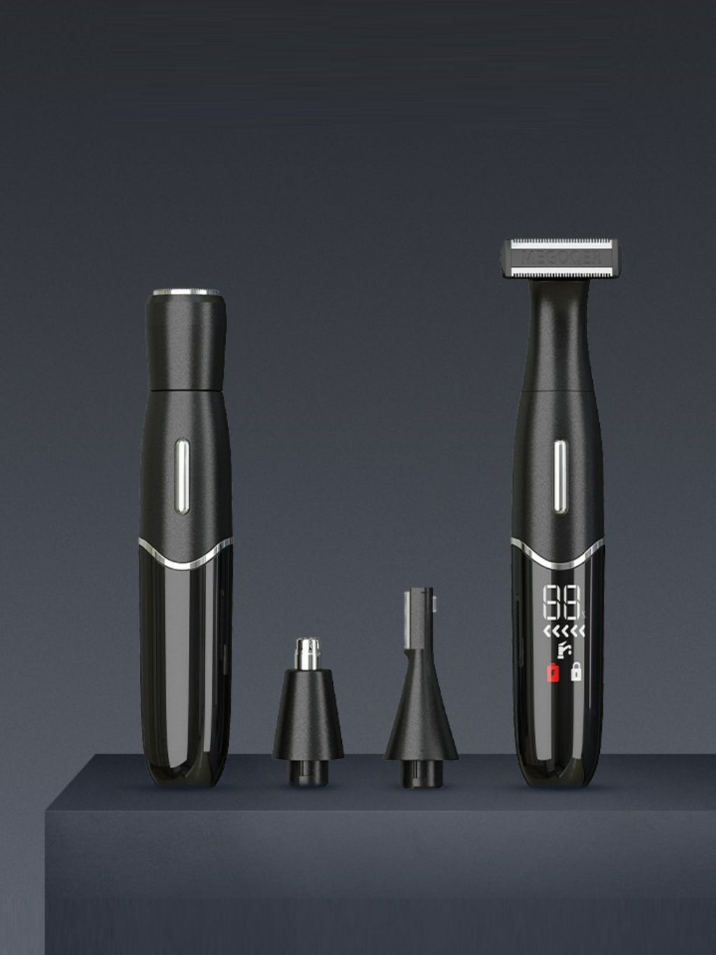 Black multifunction hair epilator set with two devices and three detachable heads